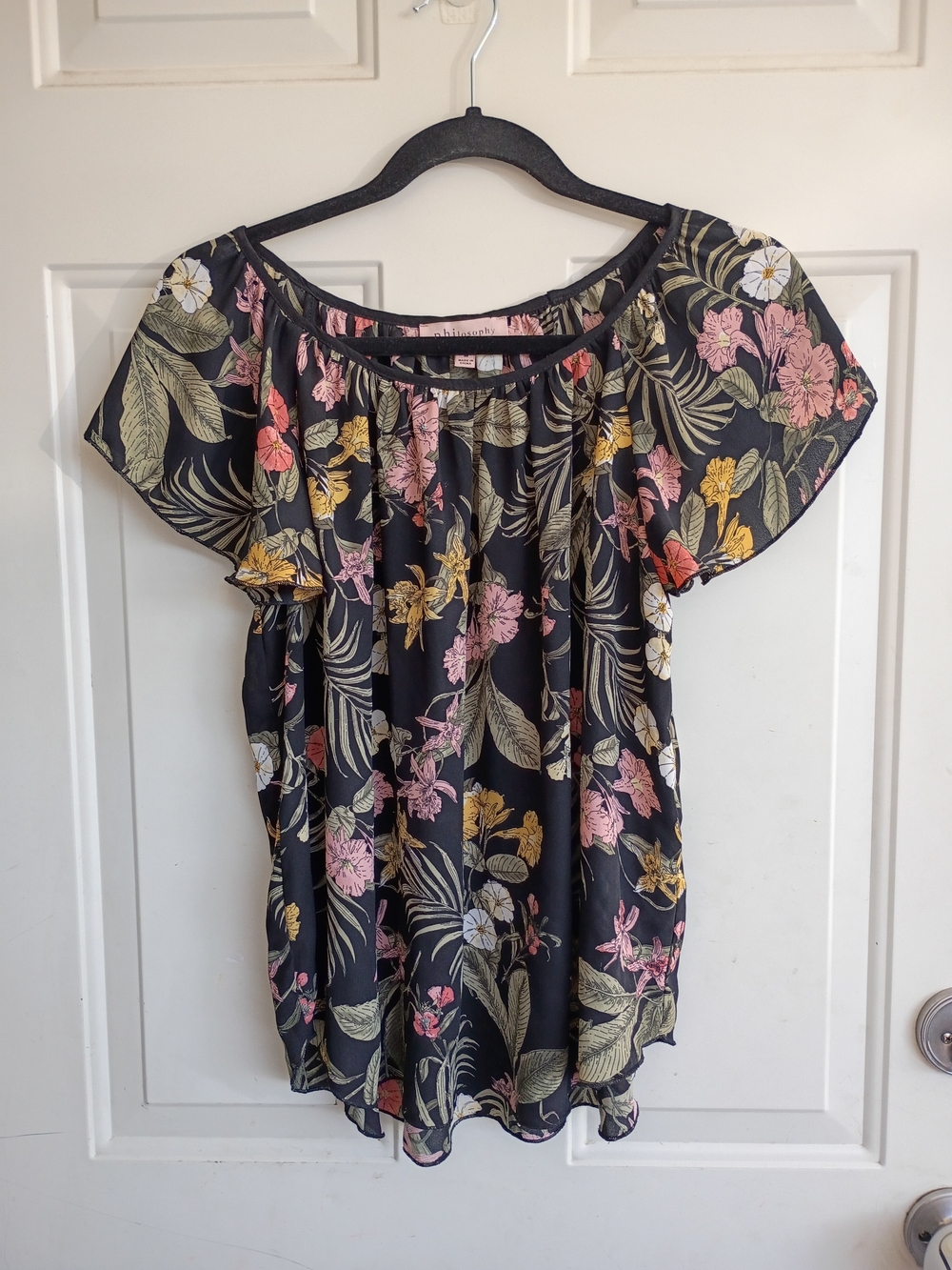 Philosophy Black Floral Off-Shoulder Blouse with Pink & Yellow Blooms Size M